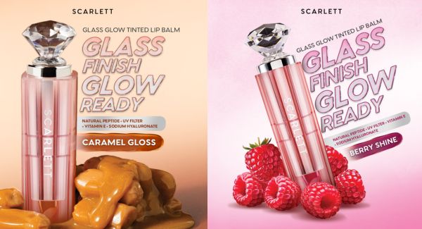 Scarlett Glass Glow Tint Lip Balm Lip Care 3-in-1 dengan Warna Cerah Alami